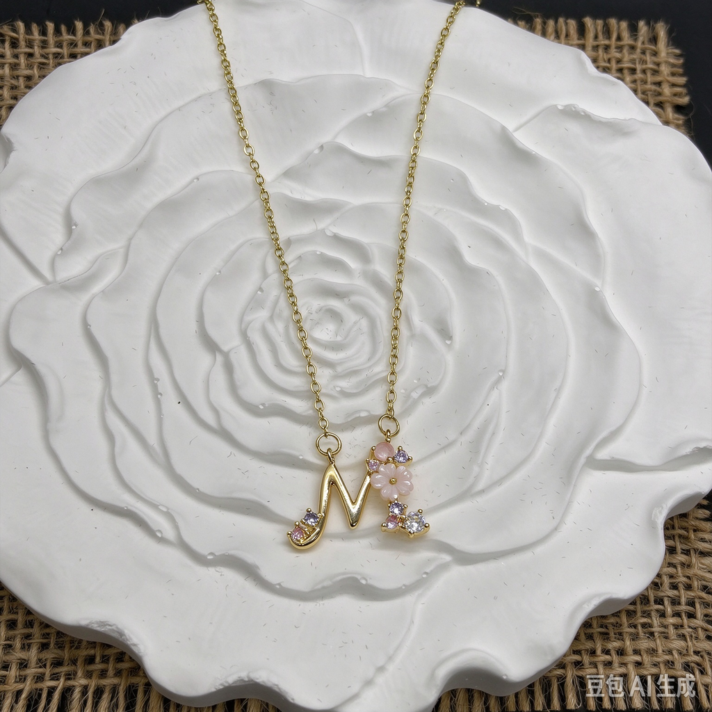 Dainty Gold Floral Letter N Initial Necklace, Pink Flower & Multi-color Crystal Pendant, Romantic Letter Jewelry Gift