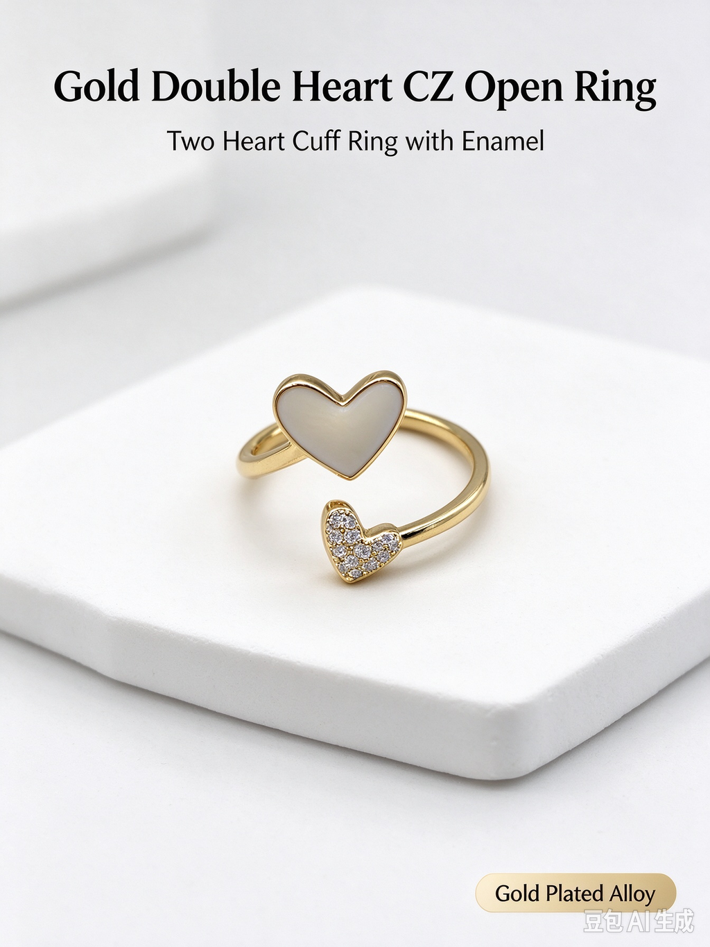 Spiral Dual Heart Gold Open Ring, Cream Opal Heart & Pave CZ Heart Adjustable Ring