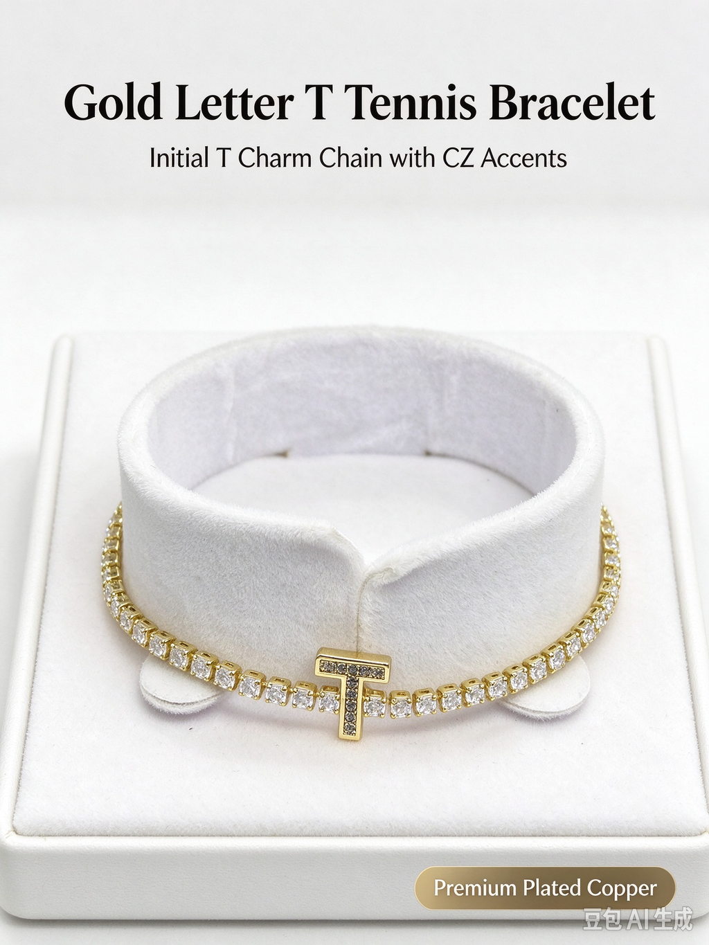 Gold Tennis Chain Initial T Bracelet, Paved CZ Letter T Crystal Bracelet
