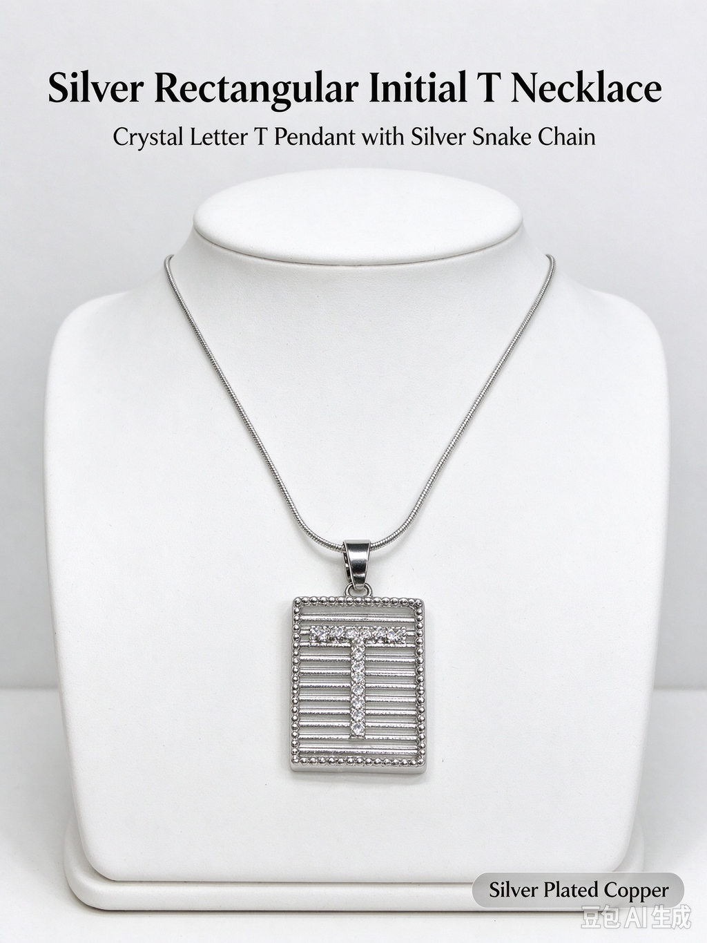 Square Striped T Initial Necklace, Silver Rhinestone Letter Pendant Snake Chain Necklace