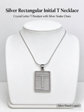 Square Striped T Initial Necklace, Silver Rhinestone Letter Pendant Snake Chain Necklace