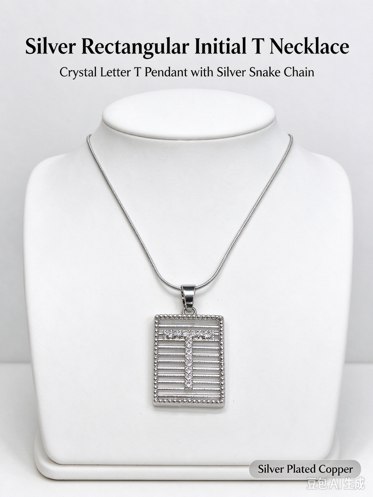 Square Striped T Initial Necklace, Silver Rhinestone Letter Pendant Snake Chain Necklace