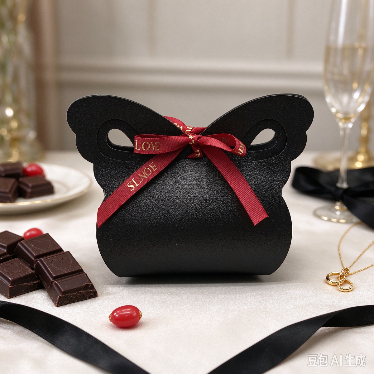 Black Butterfly Faux Leather Mini Pouch, Red Ribbon Bow Small Gift Bag for Wedding Favors, Bridal Shower, Party Candy & Romantic Gifts