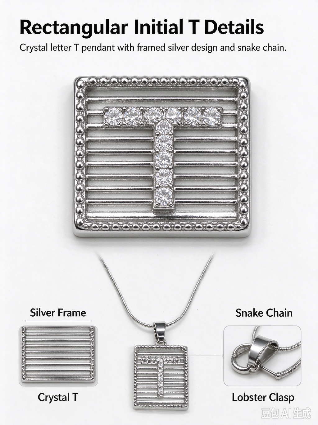 Square Striped T Initial Necklace, Silver Rhinestone Letter Pendant Snake Chain Necklace
