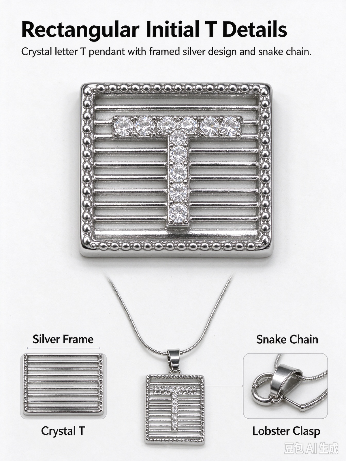 Square Striped T Initial Necklace, Silver Rhinestone Letter Pendant Snake Chain Necklace