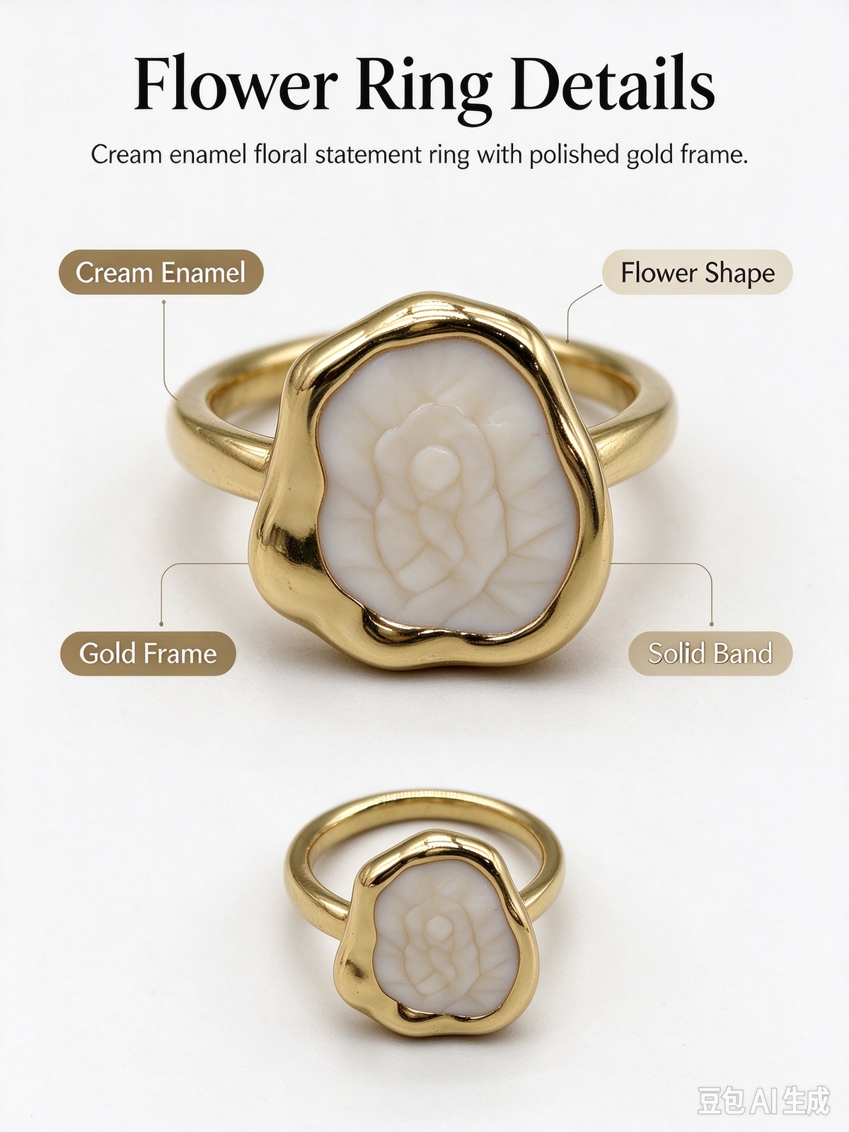 Irregular Bezel Cream Enamel Ring, Solid Band Statement Ring for Women