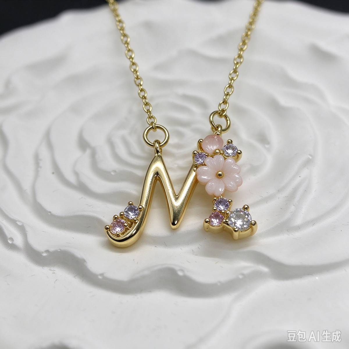 Dainty Gold Floral Letter N Initial Necklace, Pink Flower & Multi-color Crystal Pendant, Romantic Letter Jewelry Gift