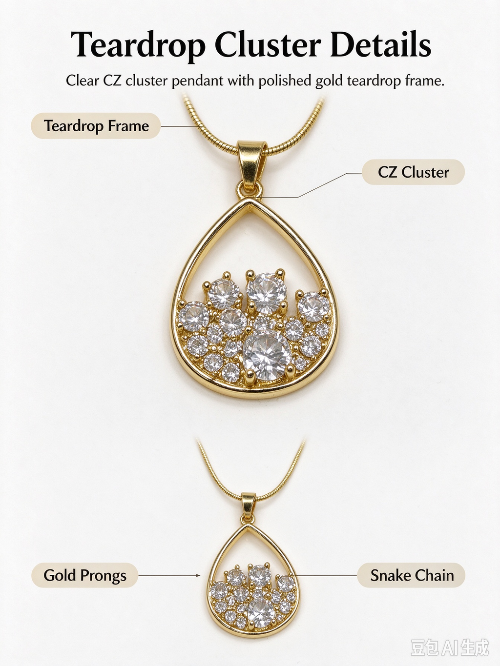 Gold Teardrop Frame Cluster CZ Necklace, Mixed Size Crystal Teardrop Pendant with Snake Chain