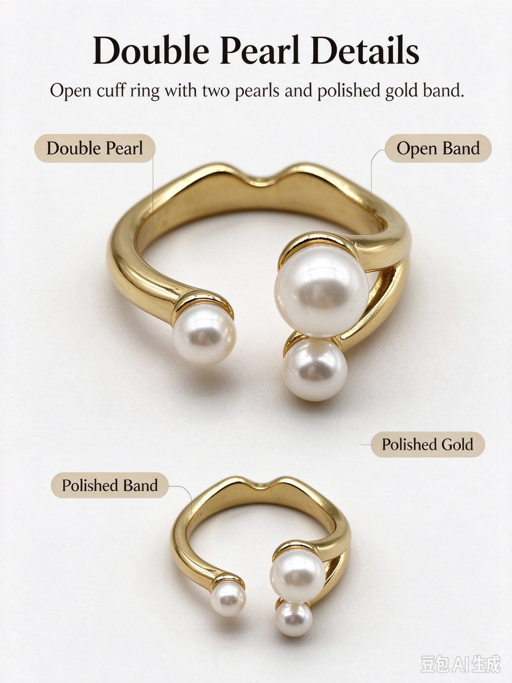 Gold Asymmetrical Open Ring, 3 White Imitation Pearls Adjustable Cuff Ring for Women