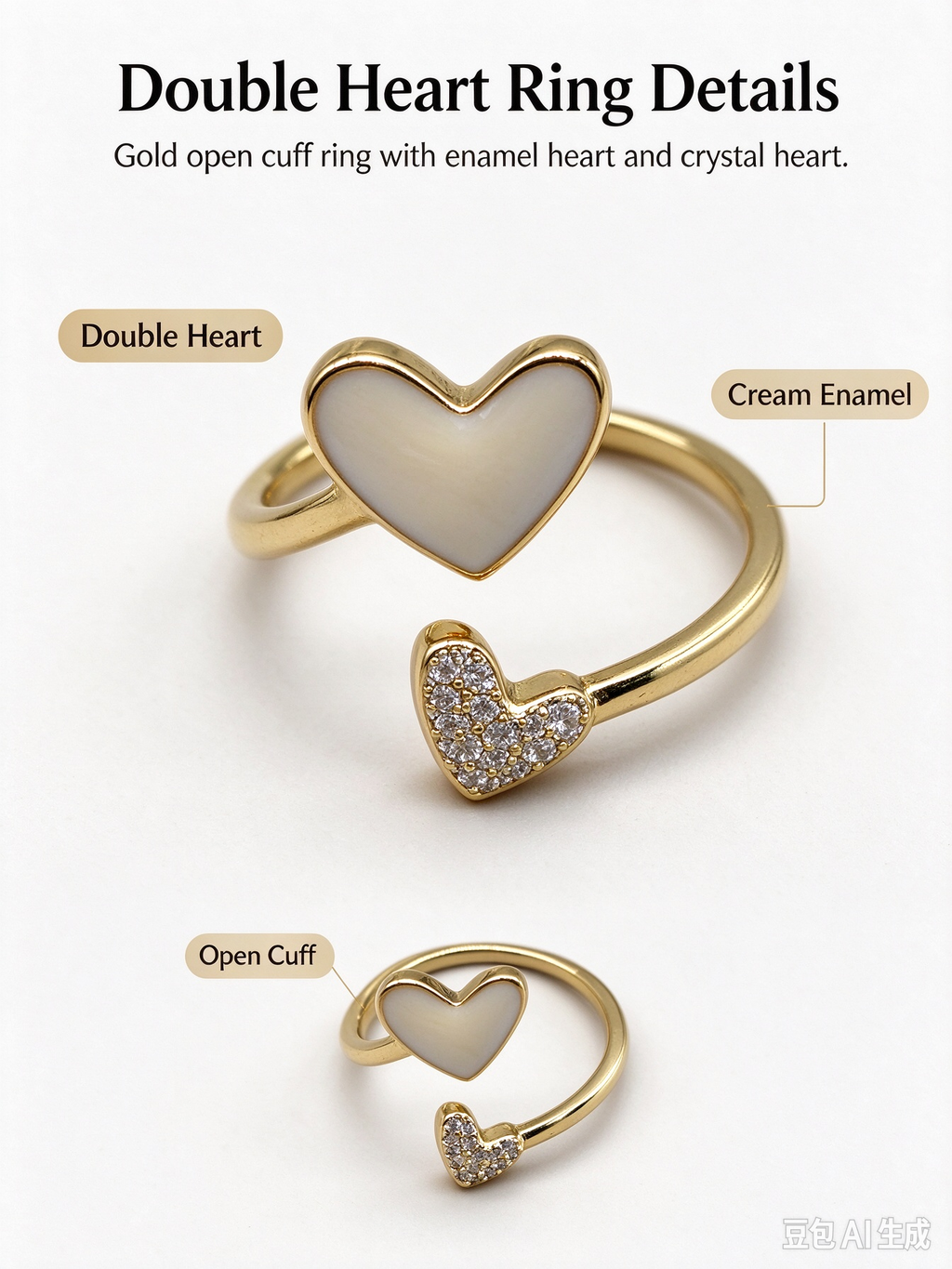 Spiral Dual Heart Gold Open Ring, Cream Opal Heart & Pave CZ Heart Adjustable Ring