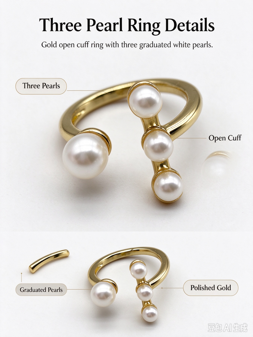 Staggered Triple Pearl Open Gold Ring