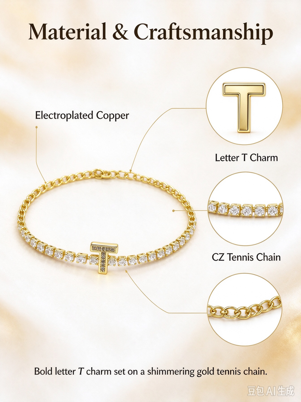 Gold Tennis Chain Initial T Bracelet, Paved CZ Letter T Crystal Bracelet