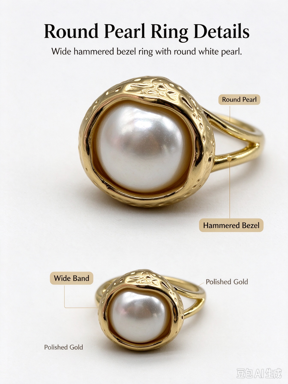 Hammered Texture Bezel  Pearl Statement Ring