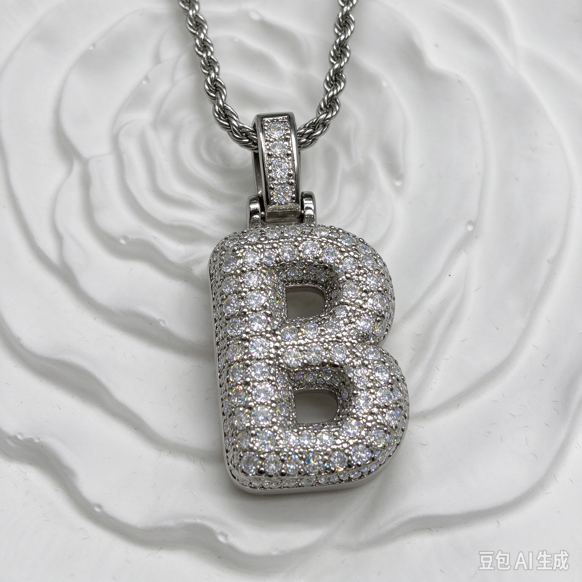 Iced Out Bubble Letter B Necklace, Silver Rhinestone Initial B Pendant with Rope Chain, Hip Hop Statement Jewelry