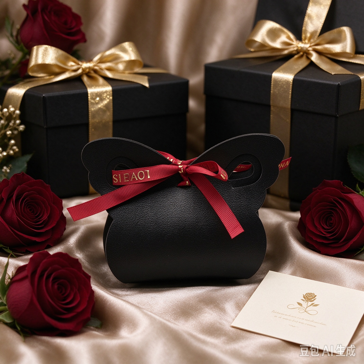 Black Butterfly Faux Leather Mini Pouch, Red Ribbon Bow Small Gift Bag for Wedding Favors, Bridal Shower, Party Candy & Romantic Gifts