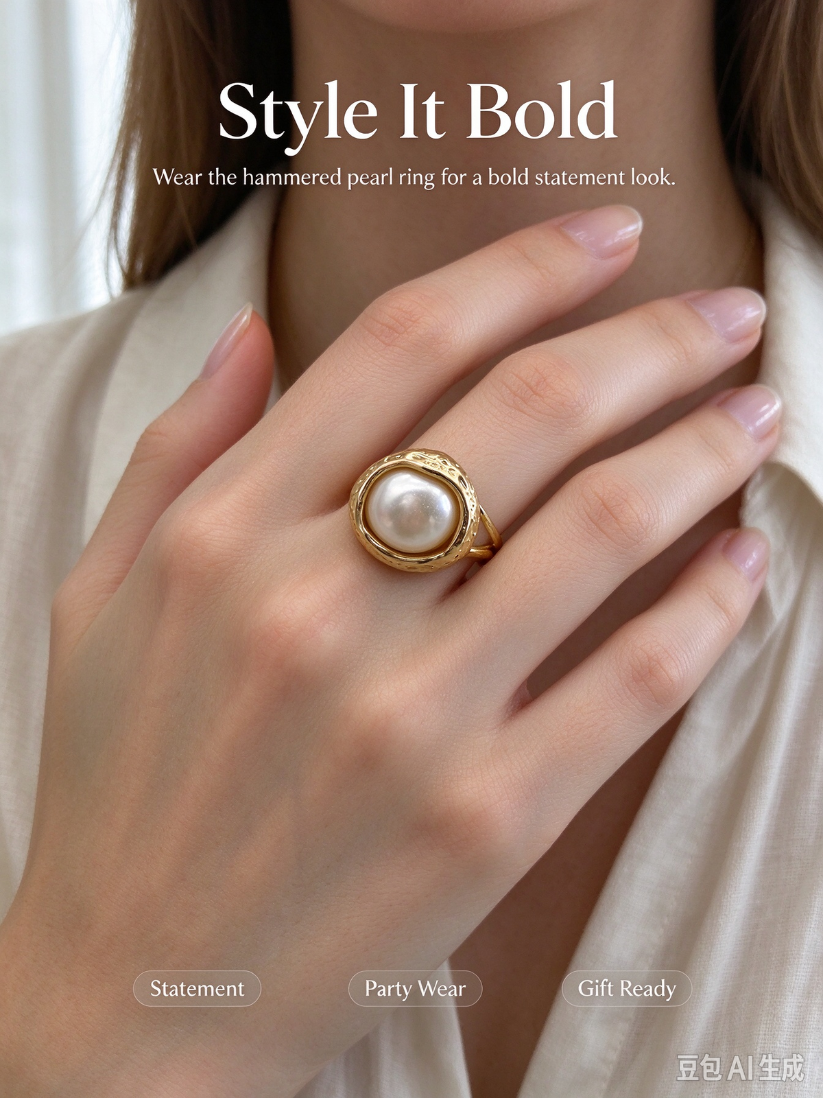 Hammered Texture Bezel  Pearl Statement Ring