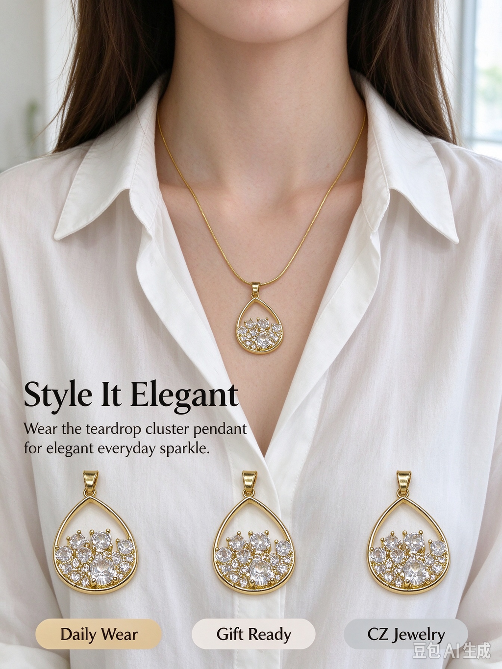 Gold Teardrop Frame Cluster CZ Necklace, Mixed Size Crystal Teardrop Pendant with Snake Chain
