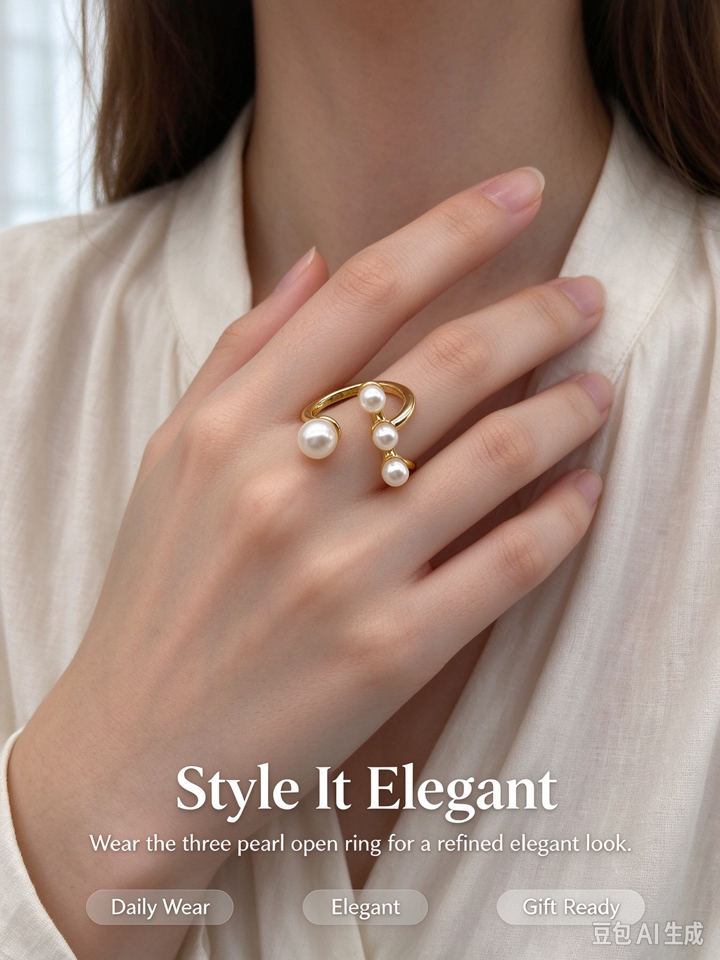Staggered Triple Pearl Open Gold Ring