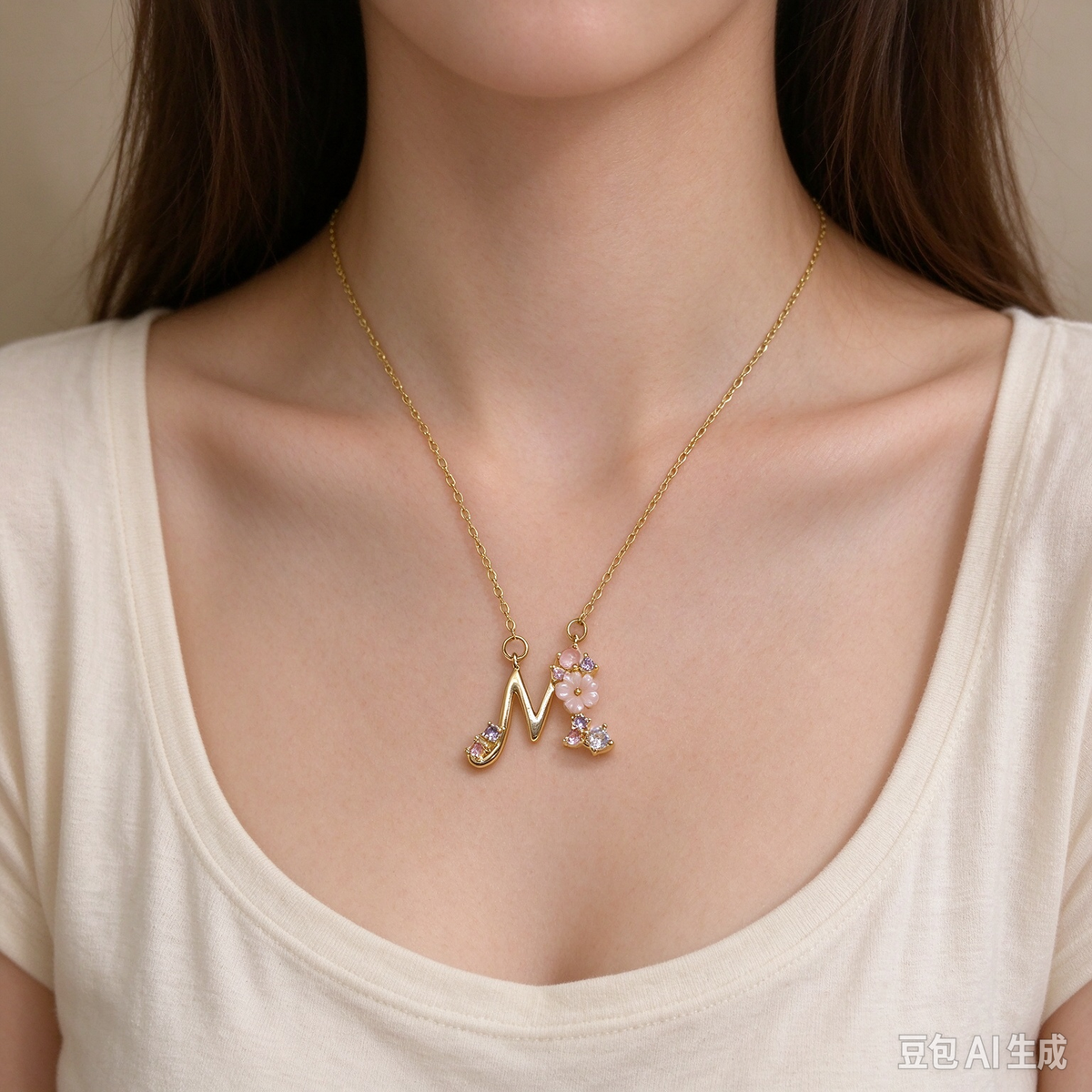 Dainty Gold Floral Letter N Initial Necklace, Pink Flower & Multi-color Crystal Pendant, Romantic Letter Jewelry Gift