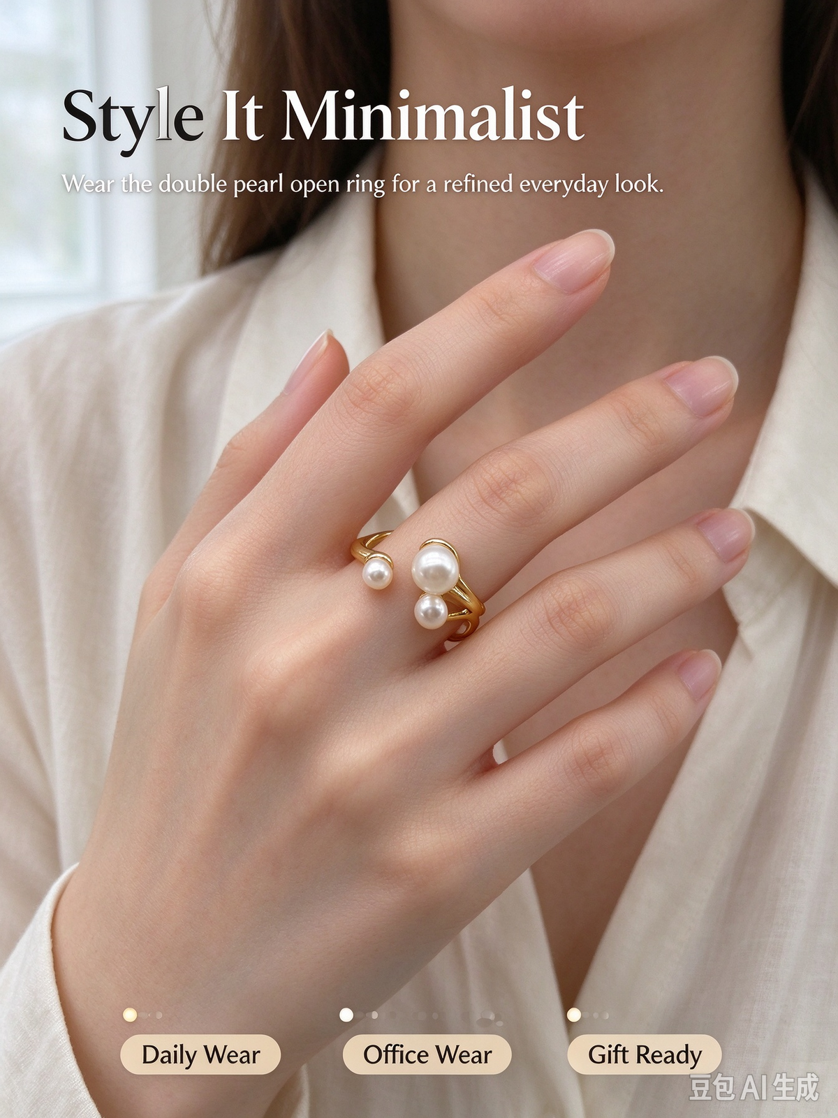 Gold Asymmetrical Open Ring, 3 White Imitation Pearls Adjustable Cuff Ring for Women