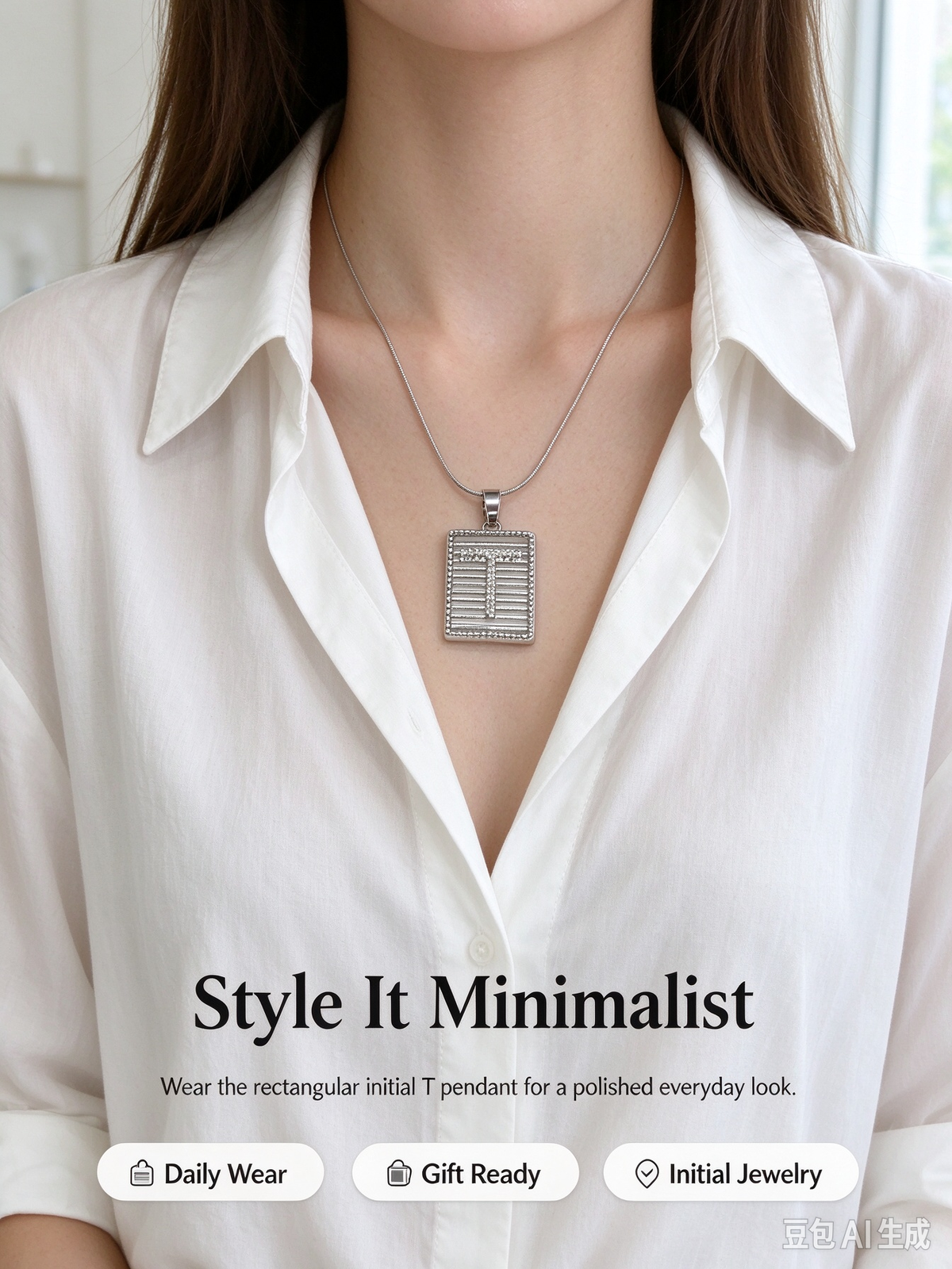 Square Striped T Initial Necklace, Silver Rhinestone Letter Pendant Snake Chain Necklace