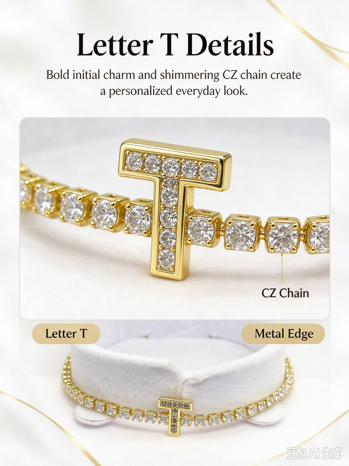 Gold Tennis Chain Initial T Bracelet, Paved CZ Letter T Crystal Bracelet