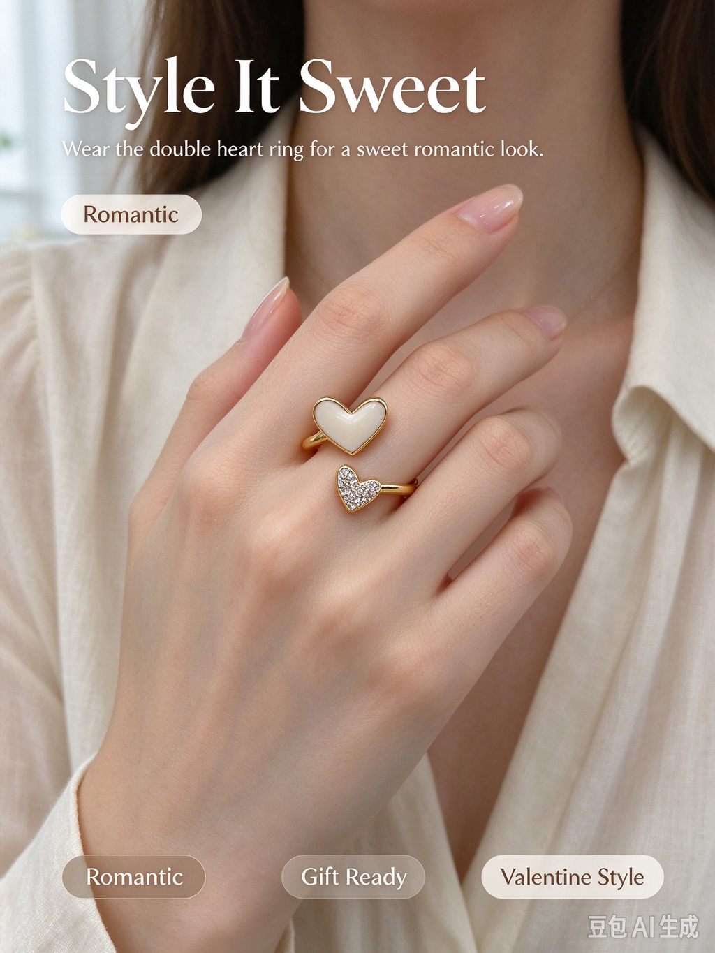 Spiral Dual Heart Gold Open Ring, Cream Opal Heart & Pave CZ Heart Adjustable Ring