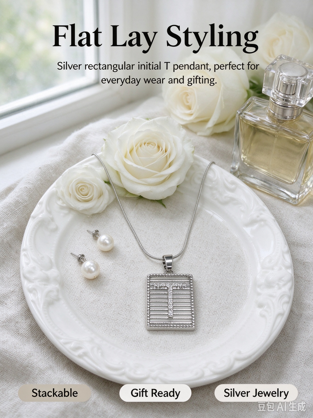 Square Striped T Initial Necklace, Silver Rhinestone Letter Pendant Snake Chain Necklace
