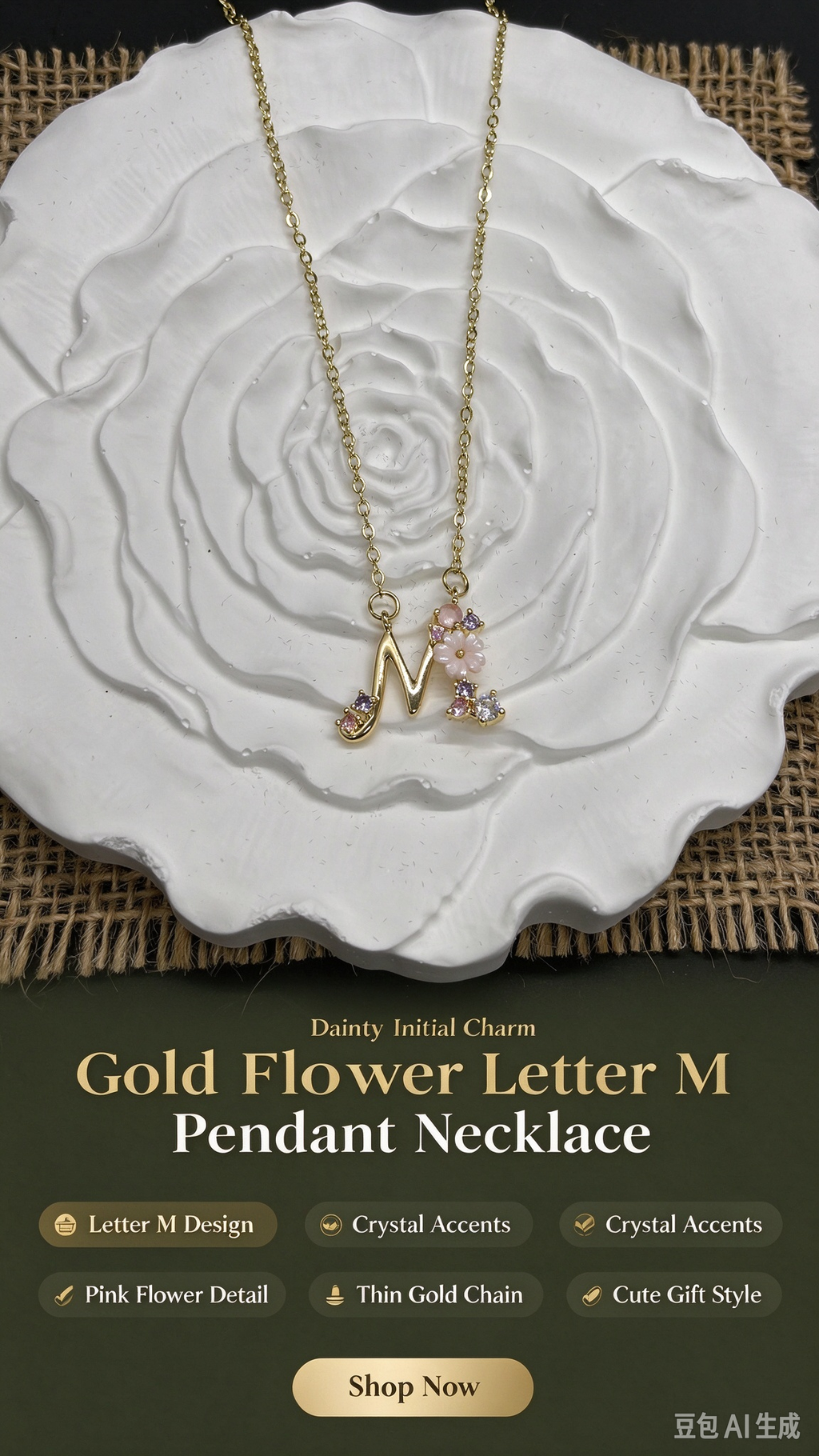 Dainty Gold Floral Letter N Initial Necklace, Pink Flower & Multi-color Crystal Pendant, Romantic Letter Jewelry Gift