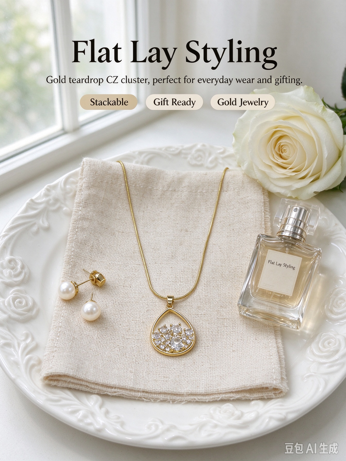 Gold Teardrop Frame Cluster CZ Necklace, Mixed Size Crystal Teardrop Pendant with Snake Chain