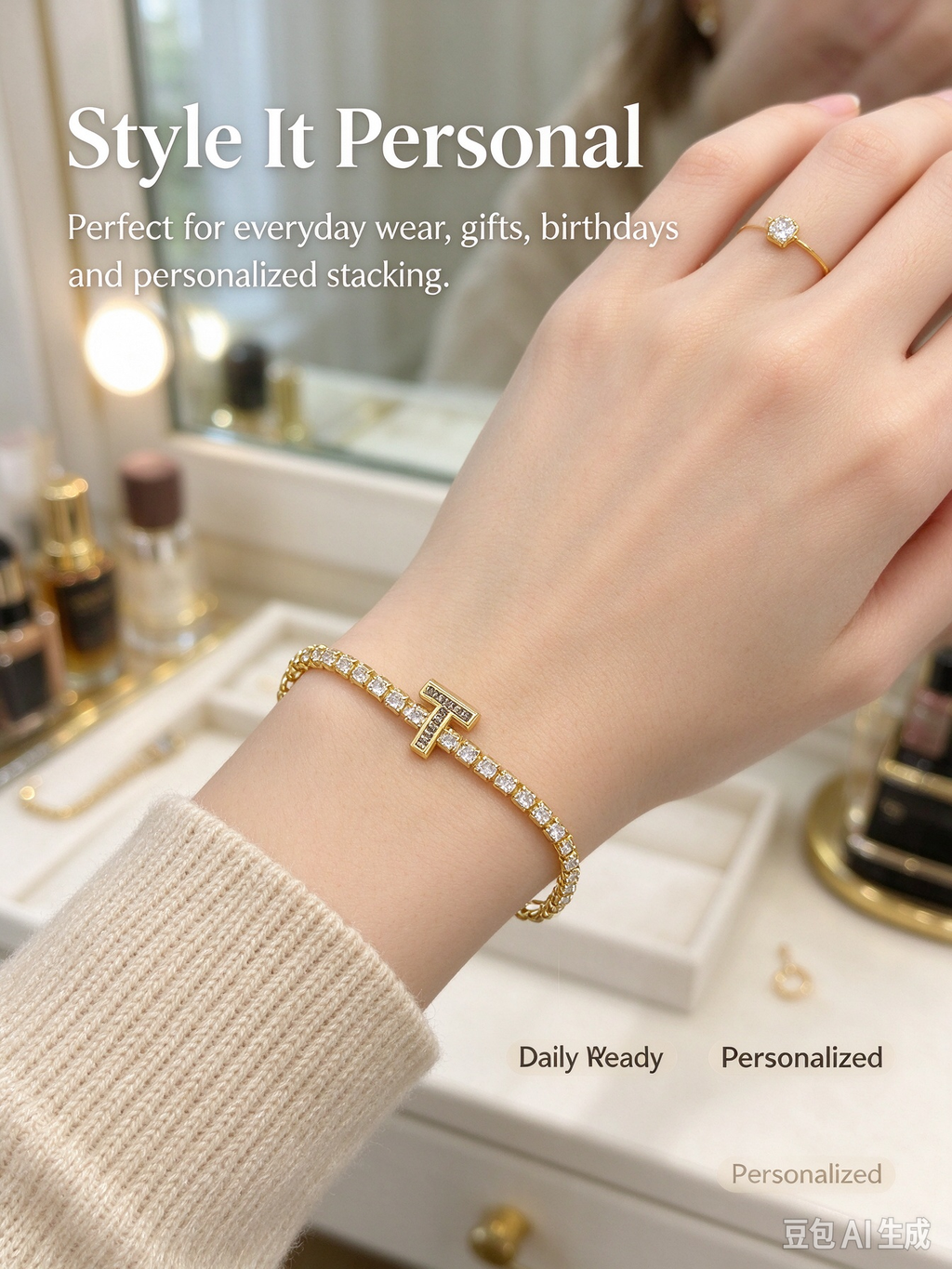 Gold Tennis Chain Initial T Bracelet, Paved CZ Letter T Crystal Bracelet