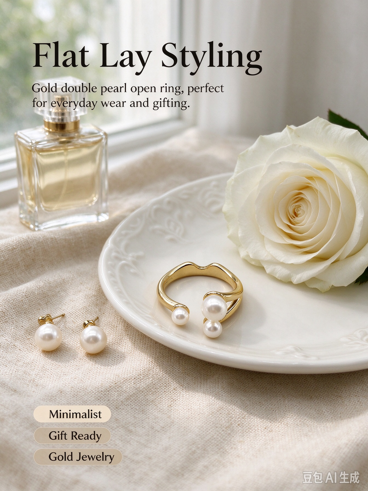 Gold Asymmetrical Open Ring, 3 White Imitation Pearls Adjustable Cuff Ring for Women