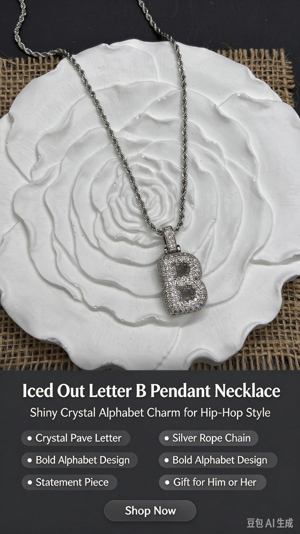 Iced Out Bubble Letter B Necklace, Silver Rhinestone Initial B Pendant with Rope Chain, Hip Hop Statement Jewelry