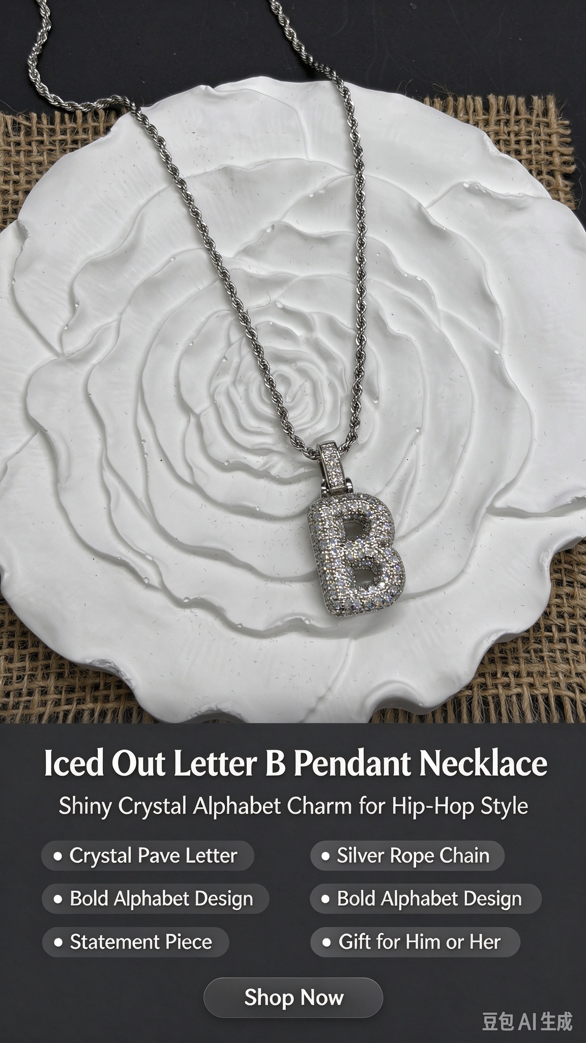 Iced Out Bubble Letter B Necklace, Silver Rhinestone Initial B Pendant with Rope Chain, Hip Hop Statement Jewelry