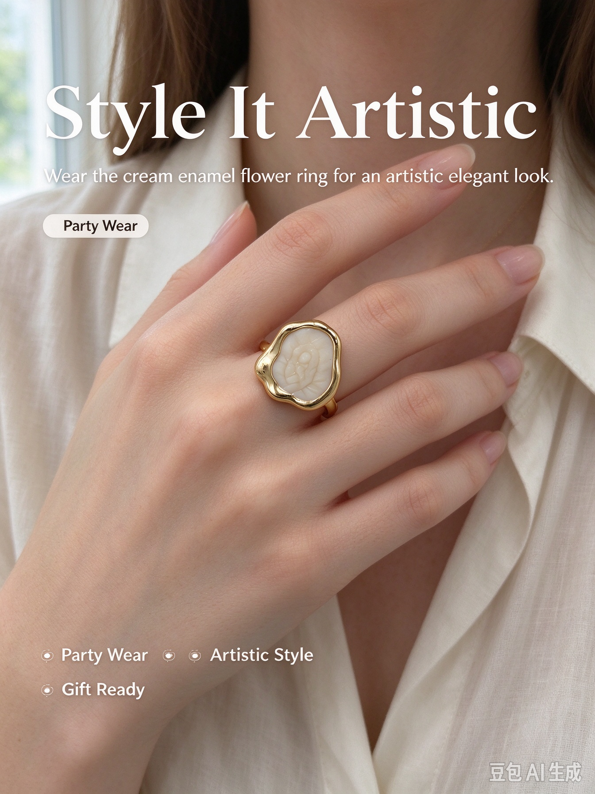 Irregular Bezel Cream Enamel Ring, Solid Band Statement Ring for Women