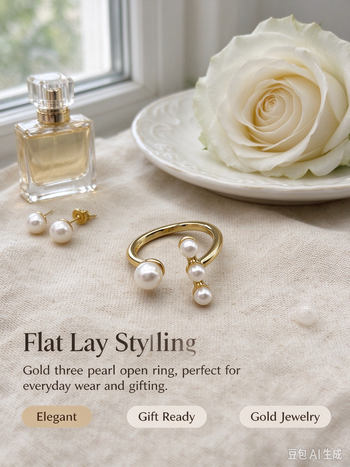 Staggered Triple Pearl Open Gold Ring