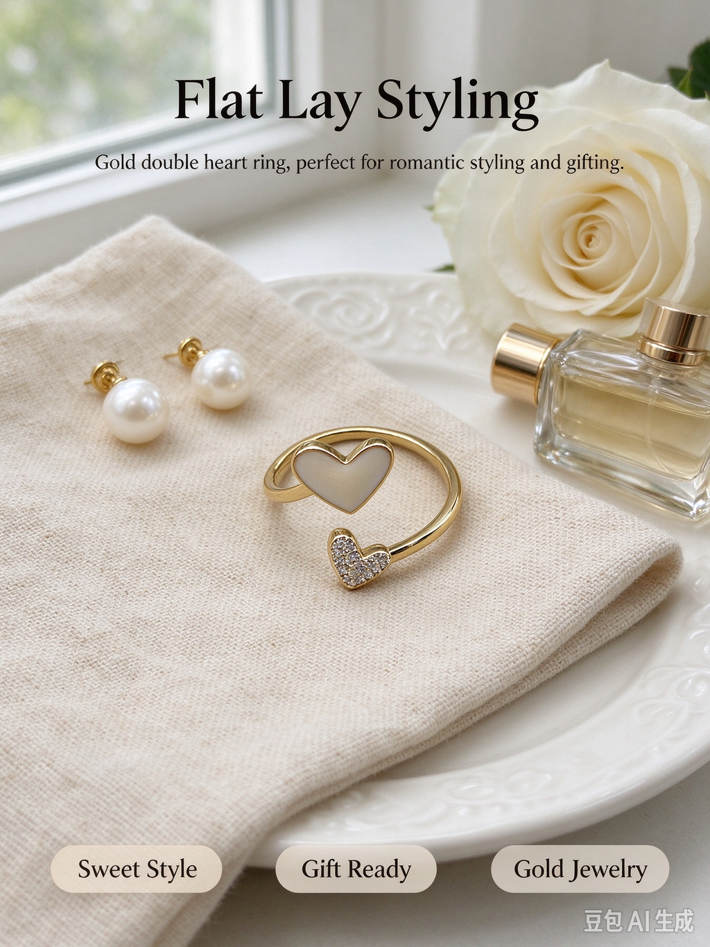 Spiral Dual Heart Gold Open Ring, Cream Opal Heart & Pave CZ Heart Adjustable Ring