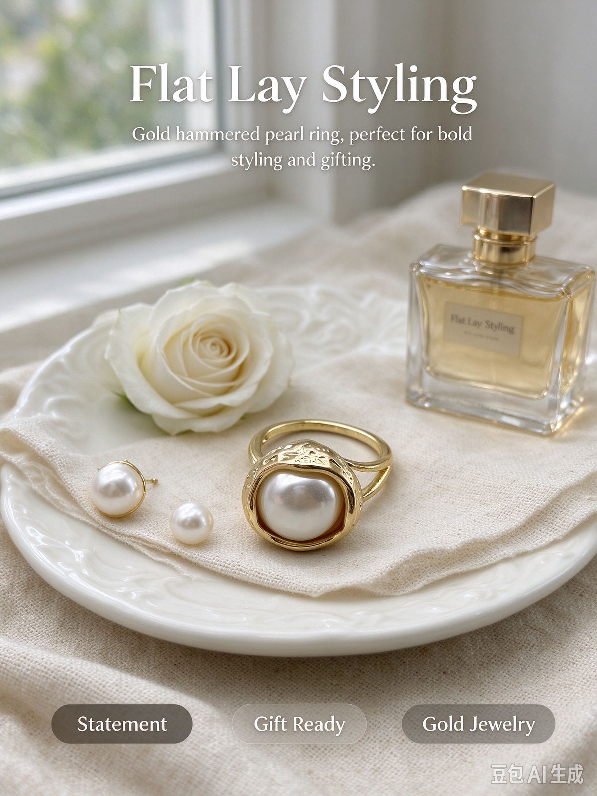 Hammered Texture Bezel  Pearl Statement Ring
