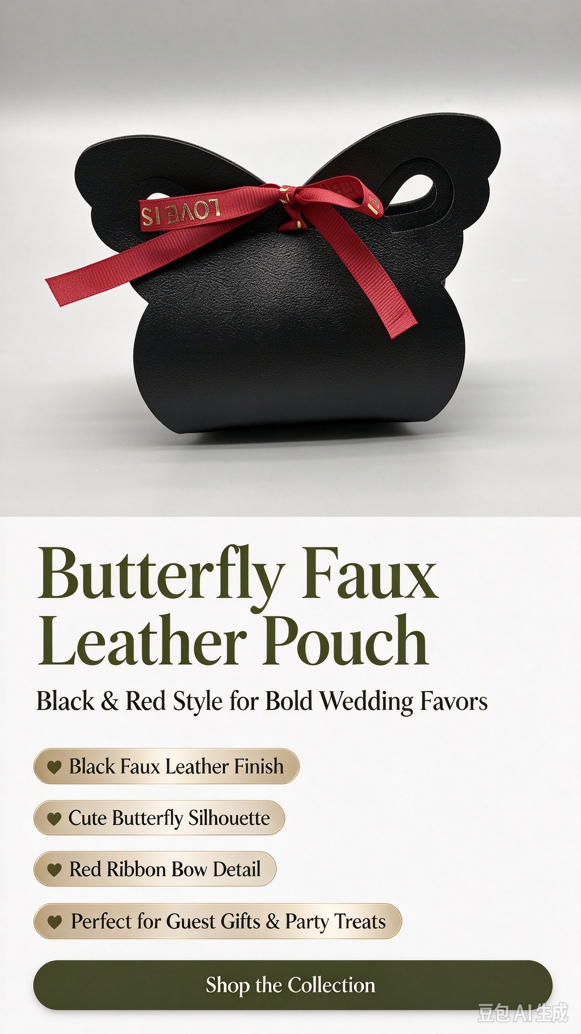 Black Butterfly Faux Leather Mini Pouch, Red Ribbon Bow Small Gift Bag for Wedding Favors, Bridal Shower, Party Candy & Romantic Gifts