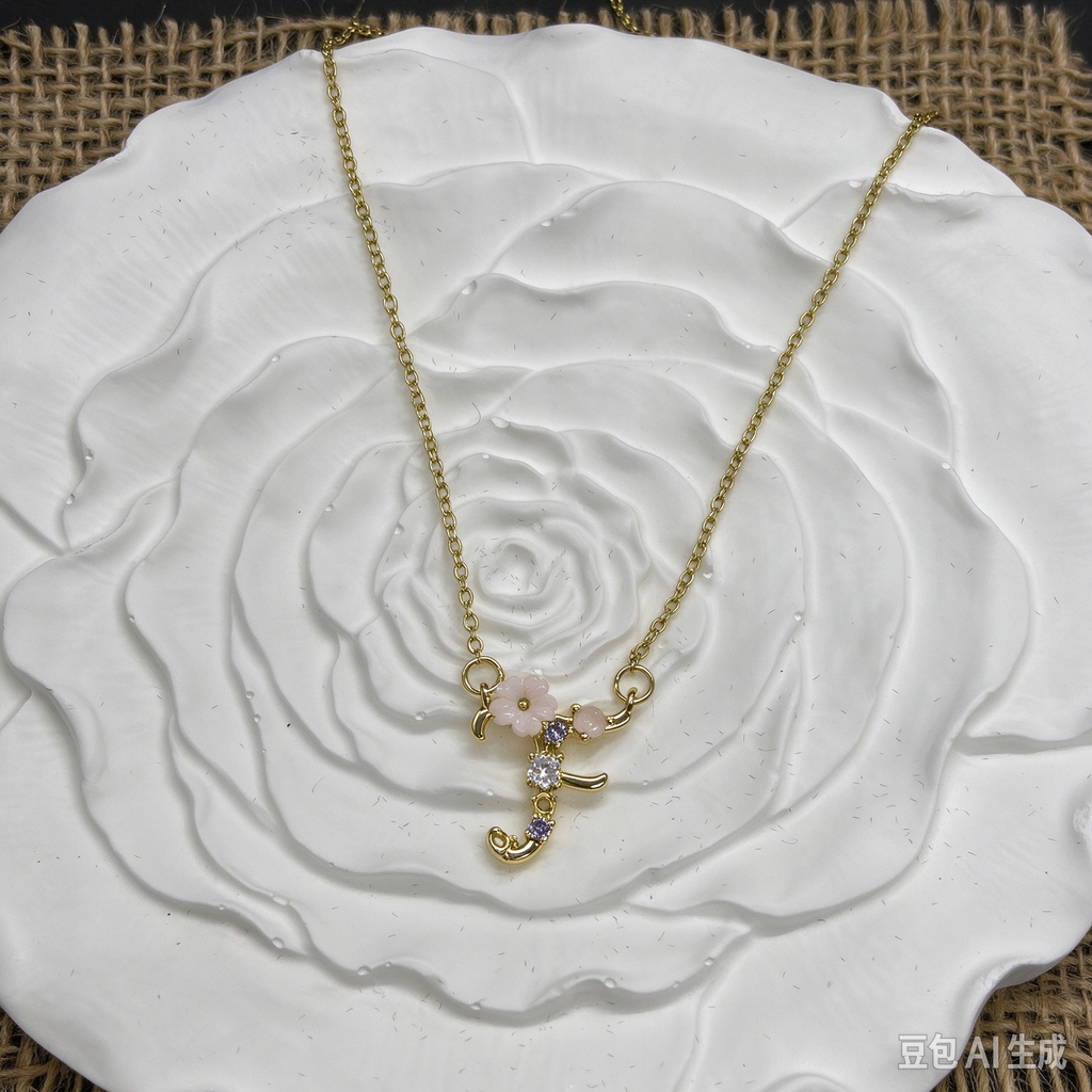 Dainty Gold Floral Letter F Initial Necklace, Pink Flower & Multicolor Crystal Pendant, Romantic Women Letter Jewelry