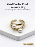 Gold Double Band Open Ring, Two Layered White Imitation Pearl Adjustable Cuff Ring for Women