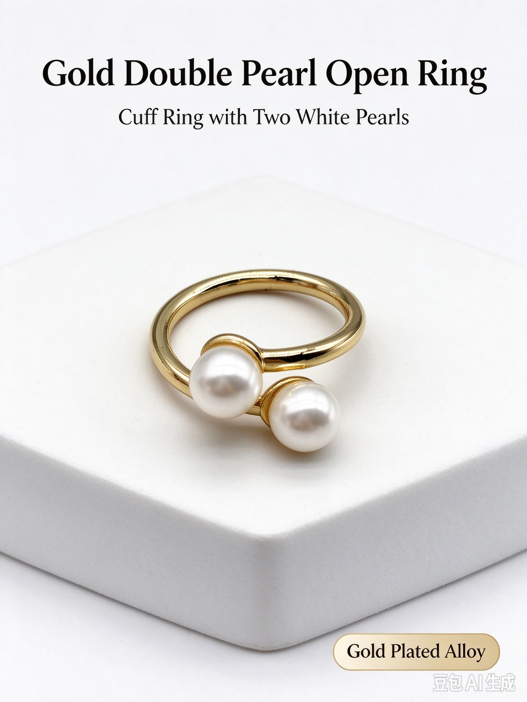 Double Pearl Twist Gold Open Adjustable Ring