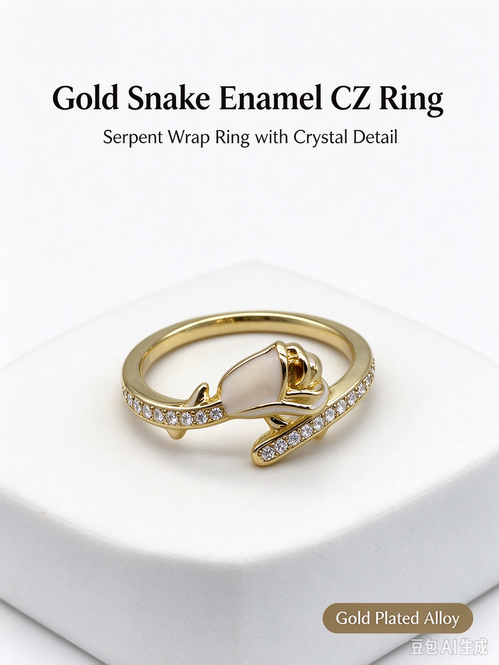 Gold Tulip Flower Twist Open Ring, Cream Teardrop Stone & Side CZ Adjustable Ring for Women