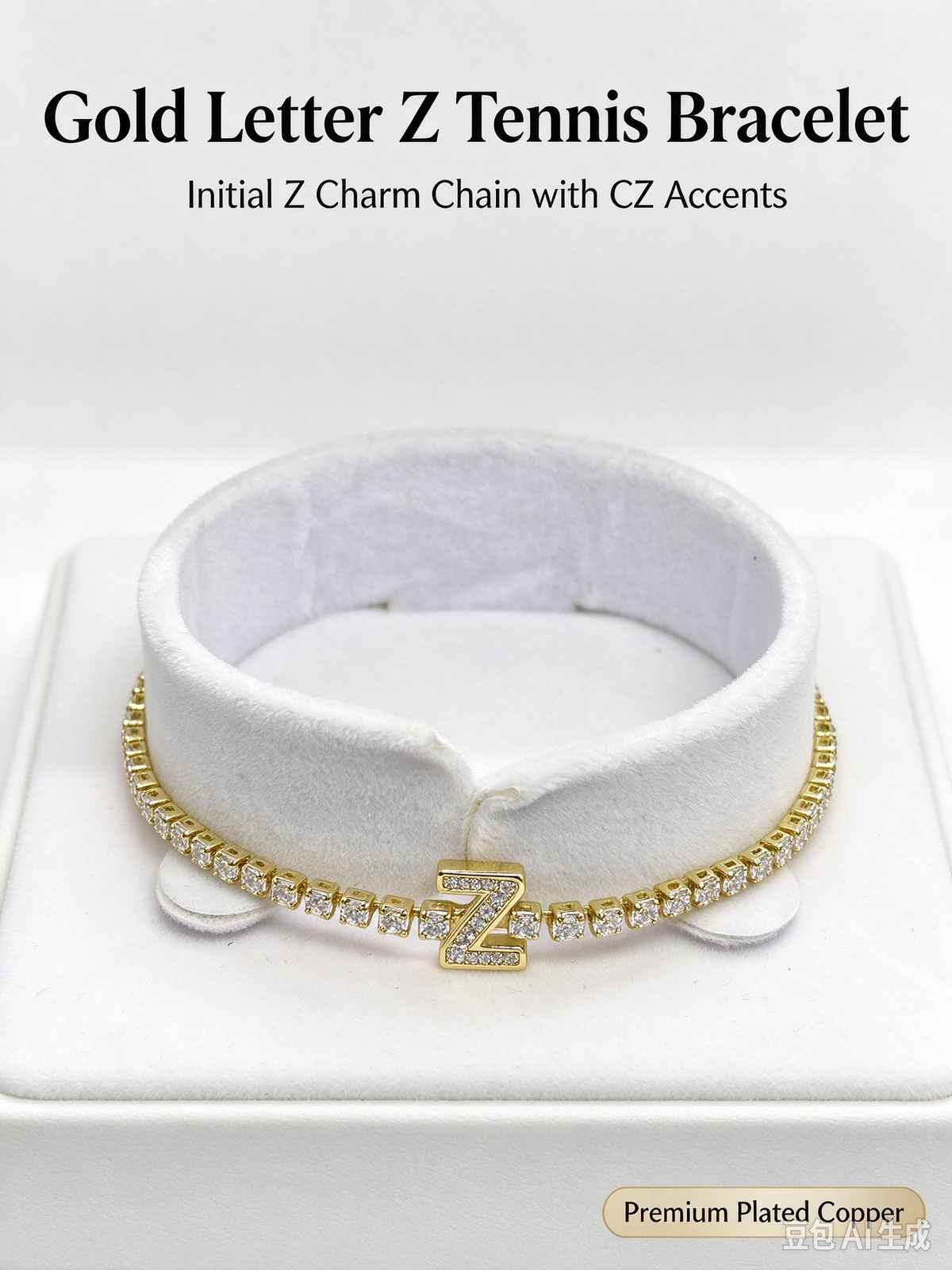 Shiny full crystal tennis bracelet with pave CZ covered letter Z charm, glamorous personalized bling jewelry.
