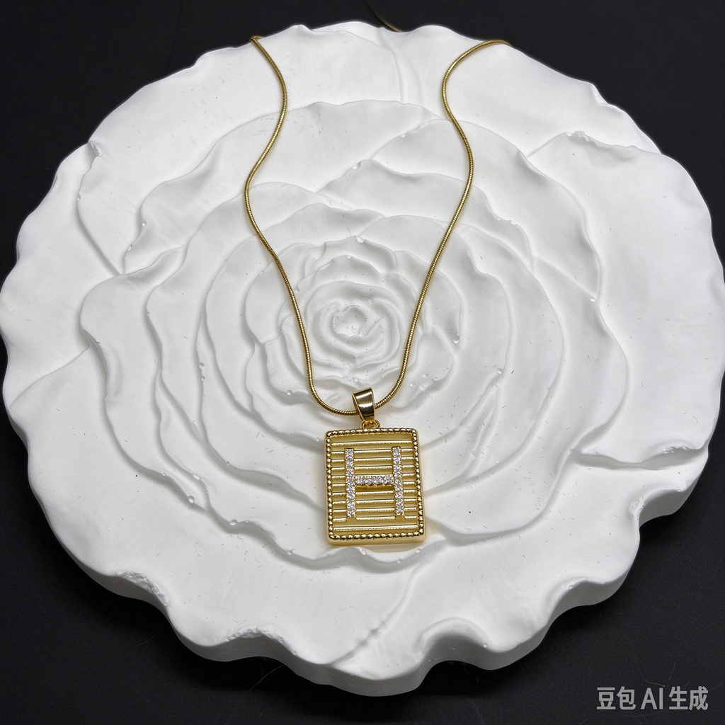 Gold Square H Letter Pendant Necklace, Rhinestone H Square Tag with Snake Chain, Elegant Women Jewelry