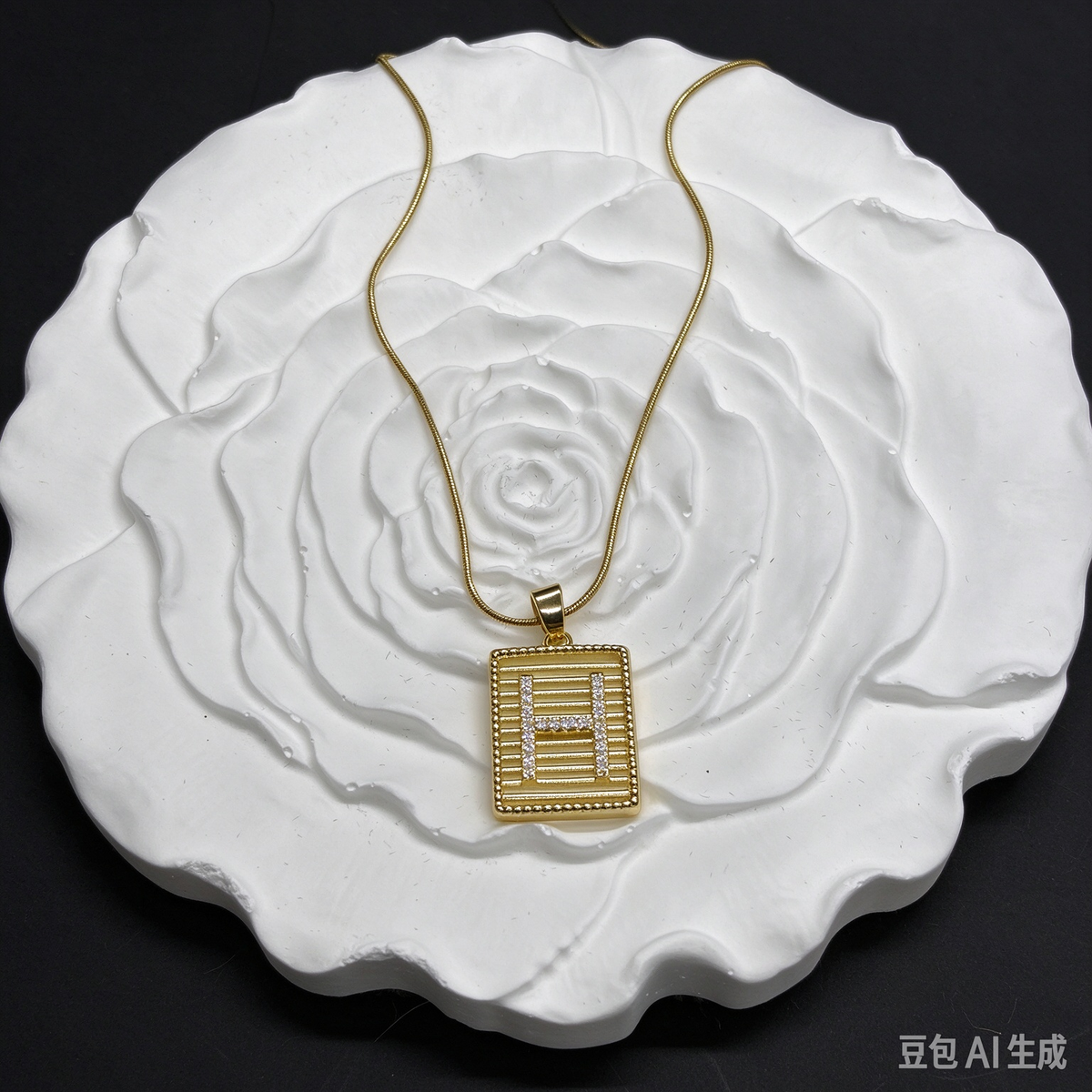 Gold Square H Letter Pendant Necklace, Rhinestone H Square Tag with Snake Chain, Elegant Women Jewelry