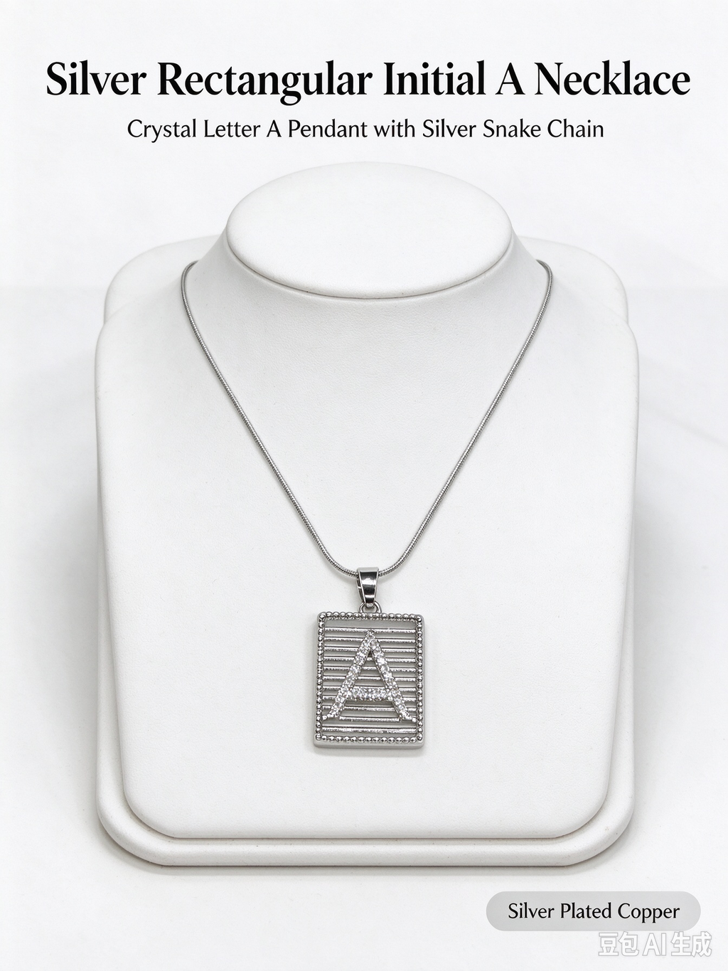 Square Striped A Initial Necklace, Silver Rhinestone Letter Pendant Snake Chain Necklace