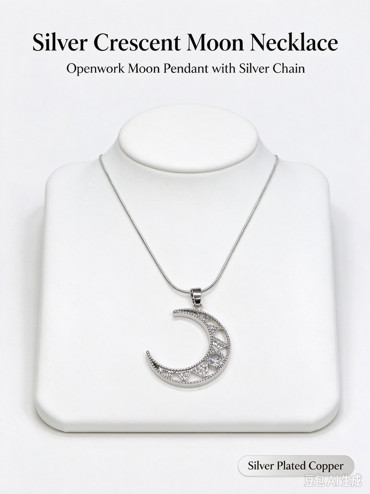 Silver Moon Star CZ Necklace, Hollow Crescent Moon Pendant with Star & Clear CZ, Silver Snake Chain