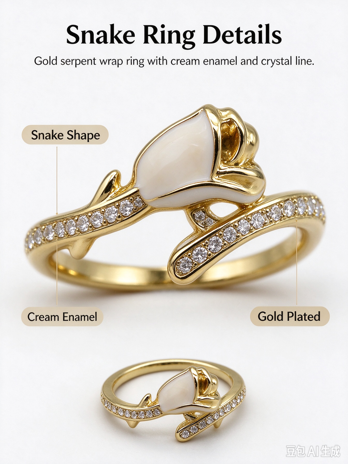 Gold Tulip Flower Twist Open Ring, Cream Teardrop Stone & Side CZ Adjustable Ring for Women