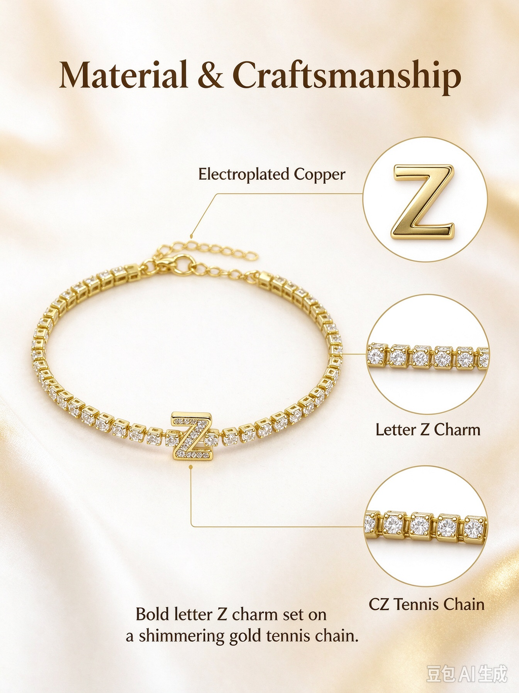 Shiny full crystal tennis bracelet with pave CZ covered letter Z charm, glamorous personalized bling jewelry.